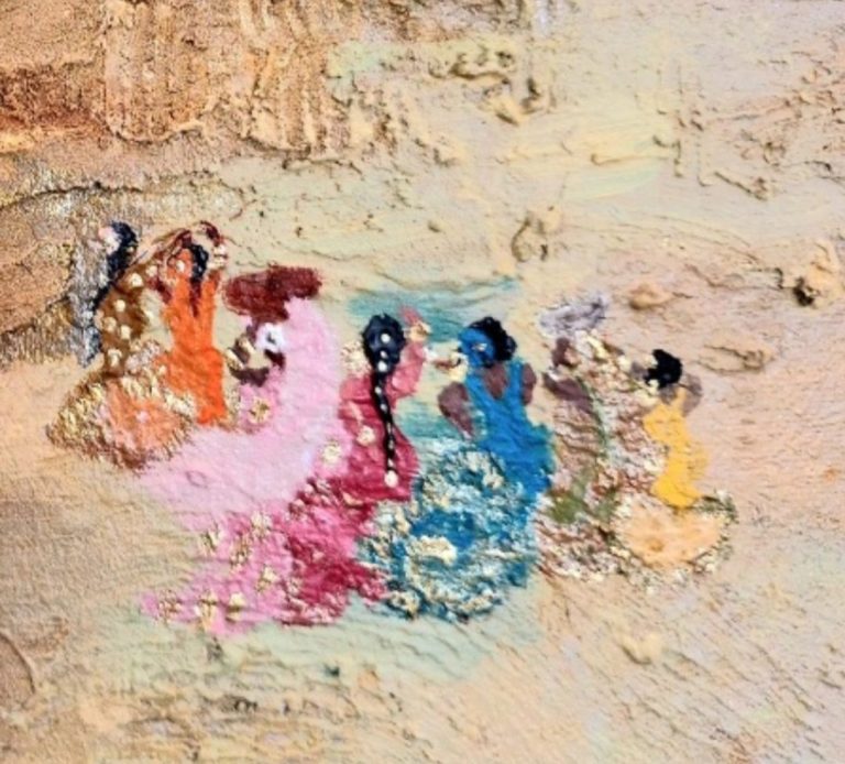 Group of children holding artwork, smiling and celebrating outdoors against an orange wall.
